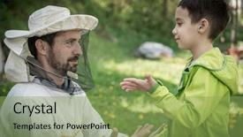  Presentation with father son hands - Audience pleasing slide set consisting of beekeeping - father beekeeper and son talking backdrop and a seafoam green colored foreground