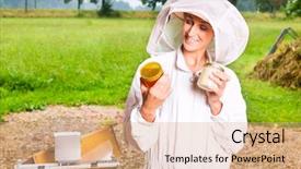  Presentation with filling water glass - Cool new slide deck with beekeeping - female beekeeper filling honey backdrop and a coral colored foreground