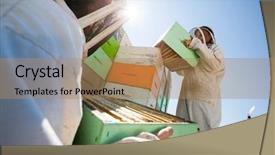  Presentation with low angle view of fictitious - PPT layouts enhanced with beekeeping - low angle view beekeepers unloading background and a coral colored foreground