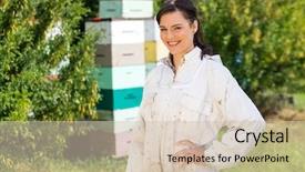  Presentation with confident - Presentation theme consisting of beekeeping - portrait of confident female beekeeper background and a soft green colored foreground
