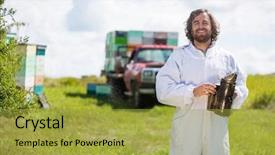  Presentation with roman clothing - PPT theme with beekeeping - portrait of happy beekeeper background and a yellow colored foreground