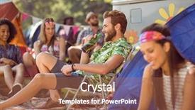  Presentation with festival music - Presentation theme having beer free - carefree hipster relaxing on campsite background and a coral colored foreground