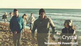  Presentation with friends - Slide deck enhanced with beer run - group of young friends spending background and a  colored foreground