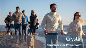  Presentation with friends - Presentation theme having beer run - group of young friends spending background and a ocean colored foreground