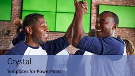  Presentation with sports bar - Presentation design with beer run - male friends watching game background and a teal colored foreground