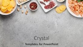  Presentation with snacks - Beautiful slide set featuring beer snacks on stone background nuts chips sausages and shrimps flat lay top view with copy space backdrop and a light gray colored foreground