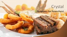  Presentation with potato croquettes - Beautiful slide deck featuring beer snacks or beer plate with fried onion rings squid rings crisp cheese balls potato croquettes garlic croutons deep-fried smelt fish with tartar sauces and a thousand islands dressing backdrop and a lemonade colored foreground