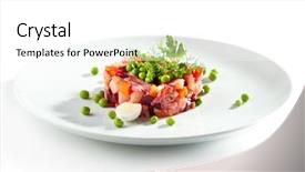  Presentation with salad dressing - Audience pleasing PPT theme consisting of beetroot and potato russian salad dressing with green peas backdrop and a white colored foreground