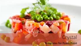  Presentation with salad dressing - Audience pleasing theme consisting of beetroot and potato russian salad dressing with green peas backdrop and a red colored foreground