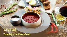  Presentation with healthy soup - Presentation design having beetroot-soup-borscht-with-meat background and a tawny brown colored foreground