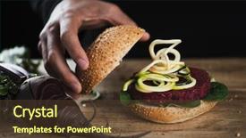  Presentation with burger - Colorful presentation theme enhanced with beets - closeup of a young caucasian backdrop and a tawny brown colored foreground