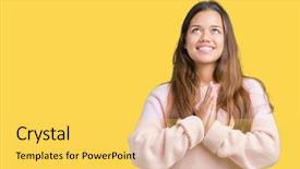  Presentation with emotions face speech - Audience pleasing PPT layouts consisting of beg - young beautiful brunette woman wearing backdrop and a  colored foreground