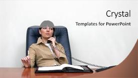  Presentation with female - Amazing presentation design having behind a big brown desk backdrop and a white colored foreground