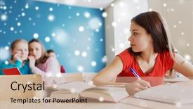  Presentation with back school education - Slide set with behind classmate back at school background and a coral colored foreground