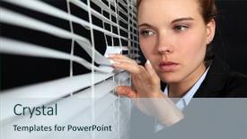  Presentation with guide dog helping blind woman - PPT theme having heimlich - woman looking through blinds background and a lemonade colored foreground