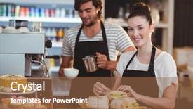  Presentation with waitress - Beautiful presentation featuring hospitality - waiter and waitress working behind backdrop and a tawny brown colored foreground