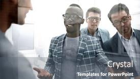  Presentation with people talking - PPT theme having behind the glass a group of business people talking in the office background and a gray colored foreground