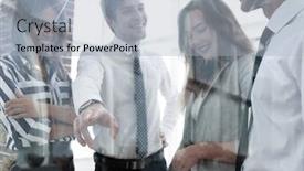  Presentation with glass - Colorful PPT theme enhanced with behind the glass business team in the officce backdrop and a light gray colored foreground