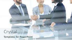  Presentation with partners - Presentation featuring behind the glass handshake of business partners background and a sky blue colored foreground