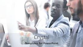  Presentation with new business ideas - Presentation design with behind the glass the business team is discussing new ideas background and a light blue colored foreground