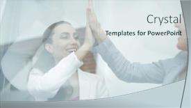  Presentation with winning - PPT theme having behind the glass winning business team background and a sky blue colored foreground