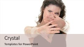  Presentation with white and black woman climbing ladders - Cool new presentation theme with victim witness - afraid woman isolated backdrop and a soft green colored foreground