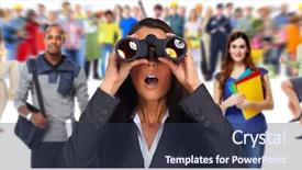  Presentation with job search - Colorful slides enhanced with business woman with binoculars job backdrop and a tawny brown colored foreground