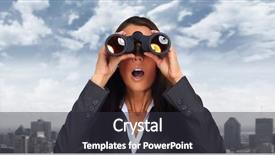  Presentation with job search - Slide deck featuring business woman with binoculars job background and a  colored foreground