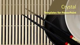  Presentation with chopsticks - Audience pleasing theme consisting of beige bowl and chopsticks on black plate view from above backdrop and a coral colored foreground