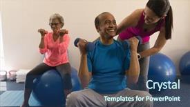  Presentation with senior fitness - Beautiful PPT theme featuring being fit - front view of happy female backdrop and a ocean colored foreground