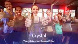  Presentation with five business people standing together and smiling - Slide set having being fit - smiling fitness class posing together background and a violet colored foreground