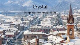  Presentation with snow covered trees and falling - Colorful PPT theme enhanced with belfry and small town covered backdrop and a light blue colored foreground