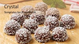  Presentation with organic coconut yogurt in wooden - Slide deck with belgian pralines breaded in coconut background and a coral colored foreground