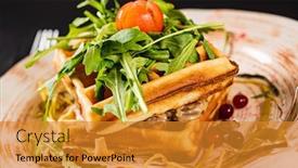  Presentation with waffles - Amazing PPT theme having belgian-waffles-with-arugula-salad backdrop and a gold colored foreground