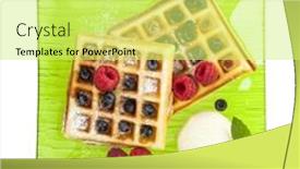  Presentation with eye glass - Beautiful theme featuring belgian waffles with ice cream raspberries and blueberries on green glass plate isolated on white background birds eye view backdrop and a yellow colored foreground