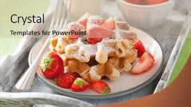  Presentation with waffles - Slide deck featuring belgian waffles with icing sugar and strawberry background and a soft green colored foreground