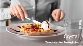  Presentation with syrup - Beautiful PPT layouts featuring belgic - woman eating delicious waffle backdrop and a coral colored foreground