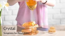  Presentation with waffles - PPT theme featuring belgic - woman pouring honey on waffles background and a coral colored foreground