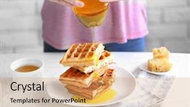  Presentation with waffles - Beautiful presentation theme featuring belgic - woman pouring honey on waffles backdrop and a coral colored foreground