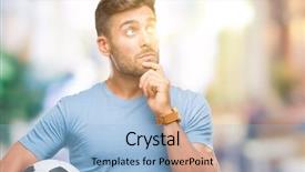  Presentation with idea light ball - Beautiful presentation theme featuring belief - young handsome man holding soccer backdrop and a light blue colored foreground