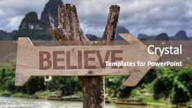  Presentation with believe - PPT theme having believe wooden sign with a forest background background and a coral colored foreground