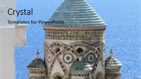  Presentation with sardines school in blue sea - Presentation theme consisting of bell tower of cathedral of amalfi against blue sea background and a light blue colored foreground
