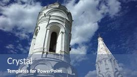  Presentation with medieval church - Colorful PPT theme enhanced with bell-tower-of-church backdrop and a ocean colored foreground