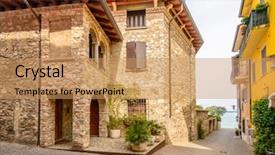  Presentation with street - Beautiful PPT theme featuring bellagio - picturesque small town street view backdrop and a coral colored foreground