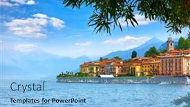  Presentation with green blue waves - Slide set consisting of bellagio-village-at-lake-como background and a light blue colored foreground