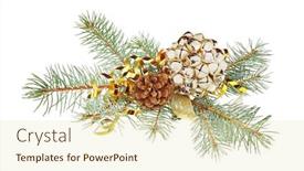  Presentation with pine - Slide deck with bells strobile ribbon and pine-tree branch isolated on white background and a soft green colored foreground