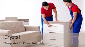  Presentation with personal belongings - Slide set with belong - two young contractor employees moving background and a coral colored foreground