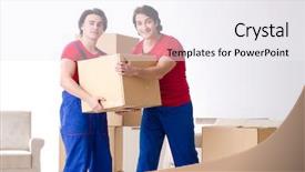  Presentation with personal belongings - Audience pleasing presentation consisting of belong - two young contractor employees moving backdrop and a  colored foreground