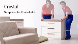  Presentation with personal belongings - Presentation theme with belong - two young contractor employees moving background and a white colored foreground