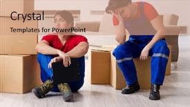  Presentation with personal belongings - PPT theme enhanced with belong - two young contractor employees moving background and a coral colored foreground